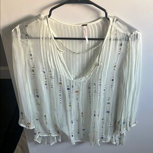 Free People Sheer Cream Blouse with Colorful Embellishments